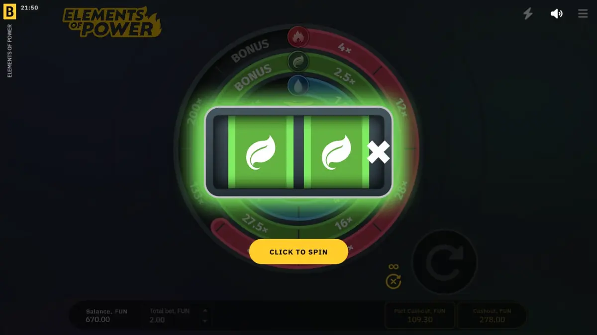 Tampilan visual futuristik slot Elements of Power dengan elemen alam yang bercahaya